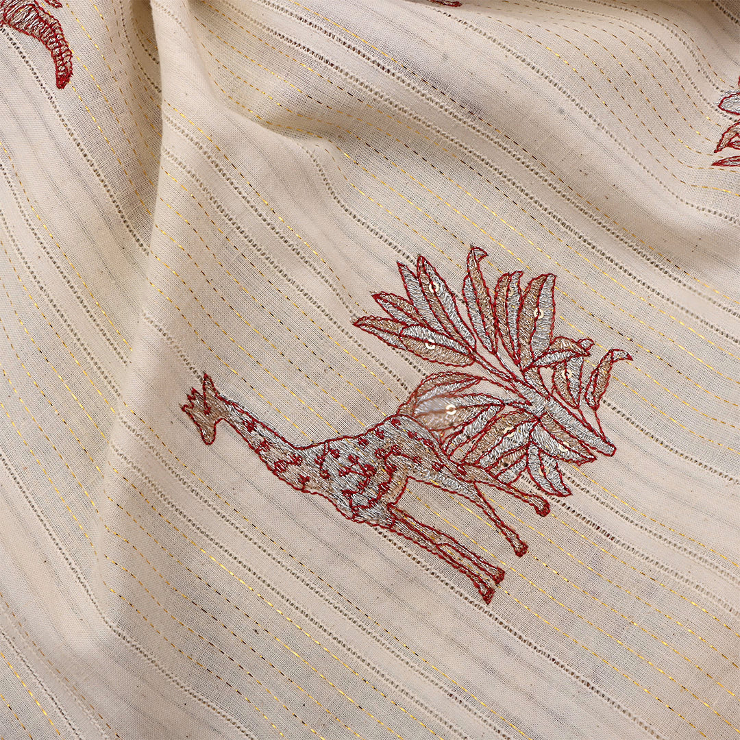 Vanilla Orange Cotton Embroidered Fabric With Animal Motifs