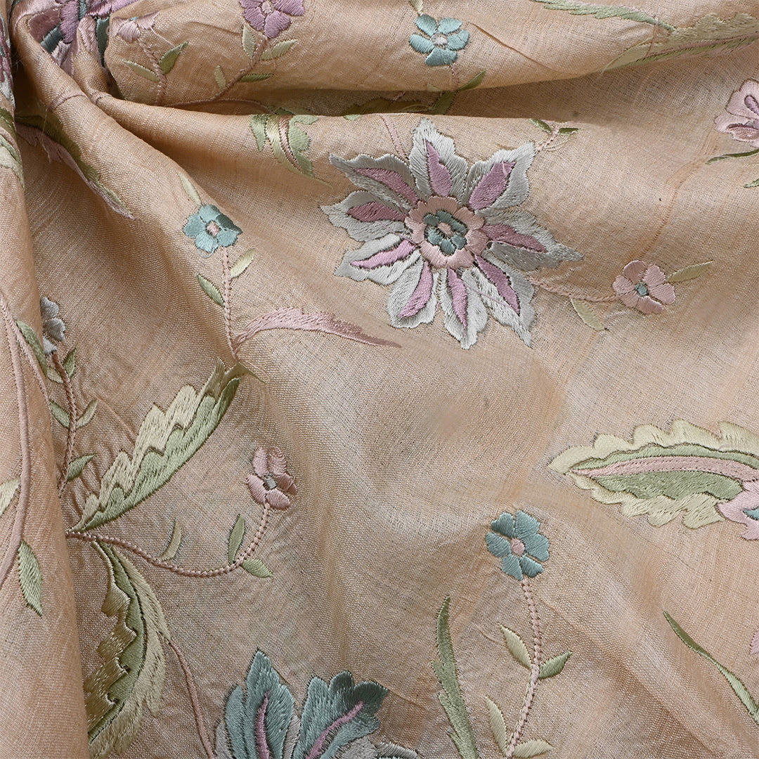 Almond Beige Tussar Embroidered Fabric With Floral Jaal