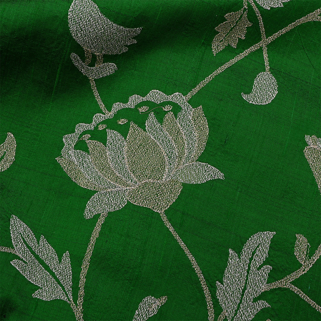 Deep Green Dupion Raw Silk Embroidered Fabric