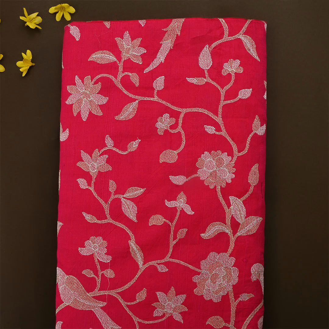 Cardinal Red Dupion Raw Silk Embroidered Fabric