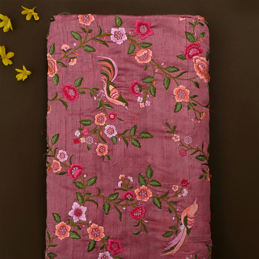 Cordovan Pinkish Red Dupion Raw Silk Embroidered Fabric
