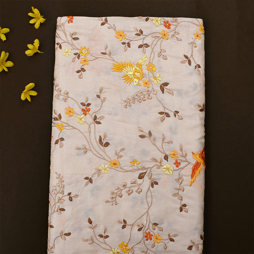 Almond Beige Tussar Embroidered Fabric