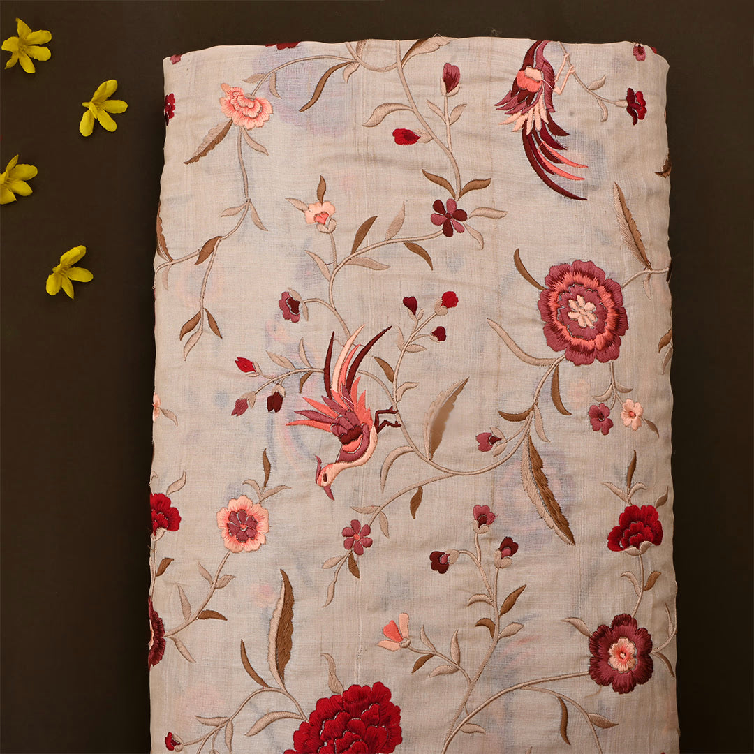 Bone Beige Tussar Embroidered Fabric