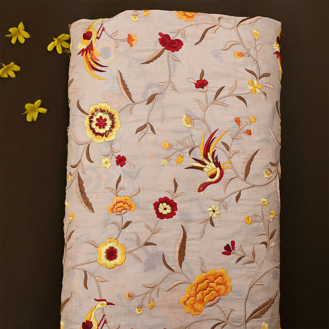 Vanilla Cream Tussar Floral Embroidered Fabric