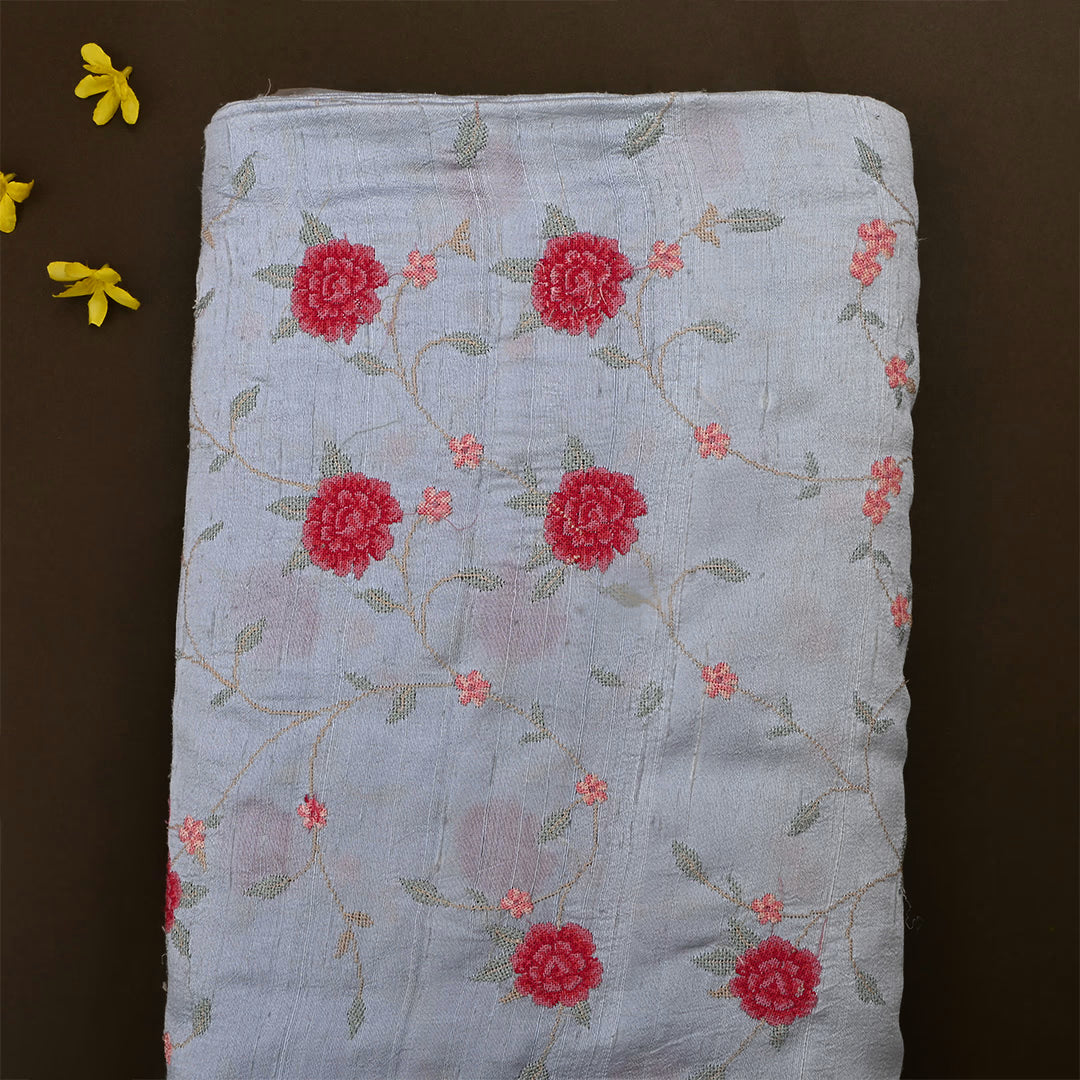 Cool Gray Dupion Tussar Petit Point Embroidered Fabric