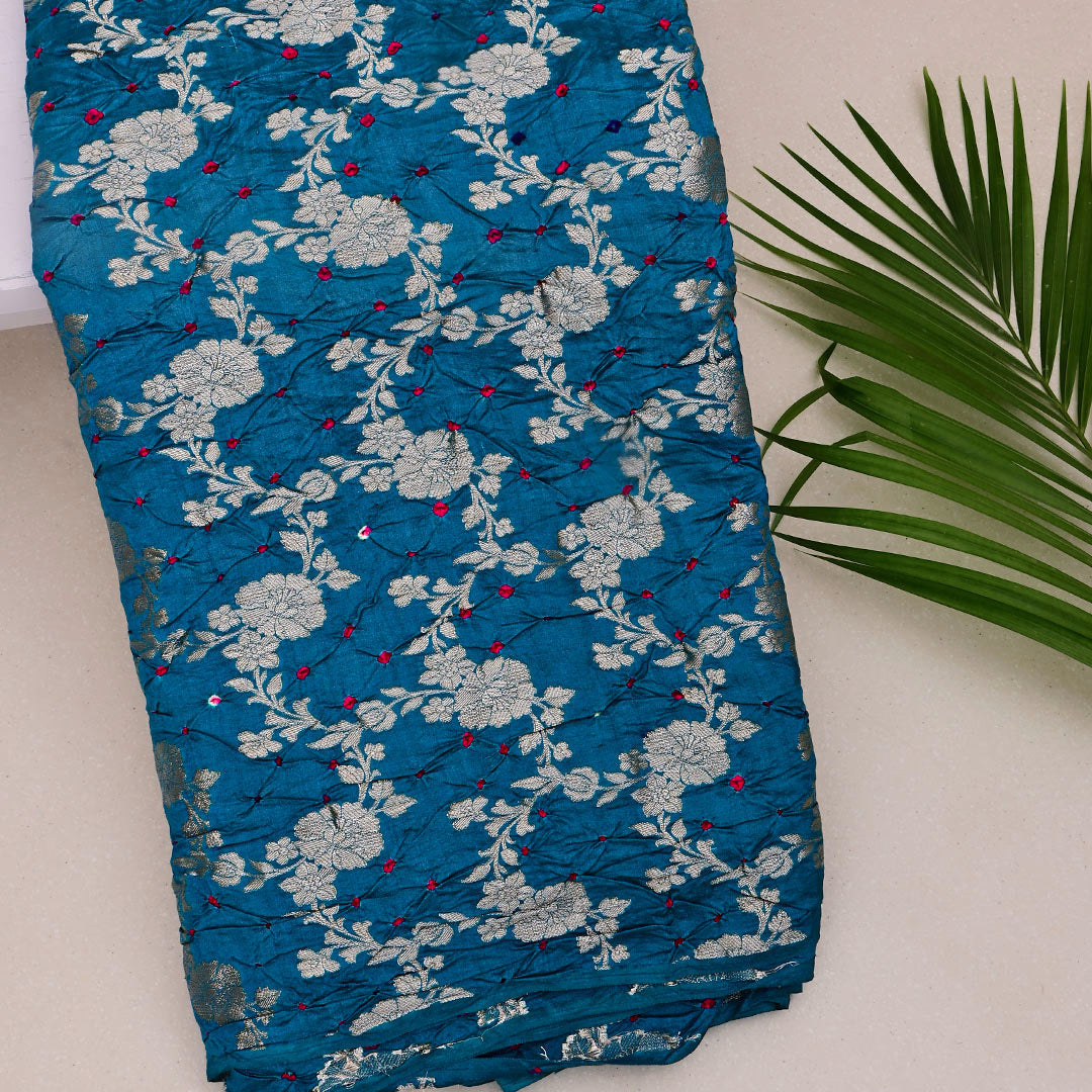 Astronaut Blue Silk Bandhani Fabric With Jaal Design