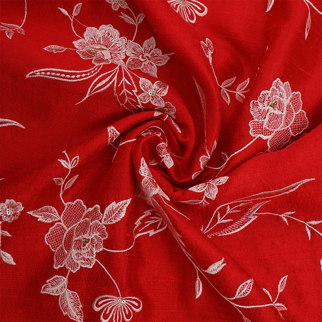 Red Dupion Raw Silk Embroidered Fabric