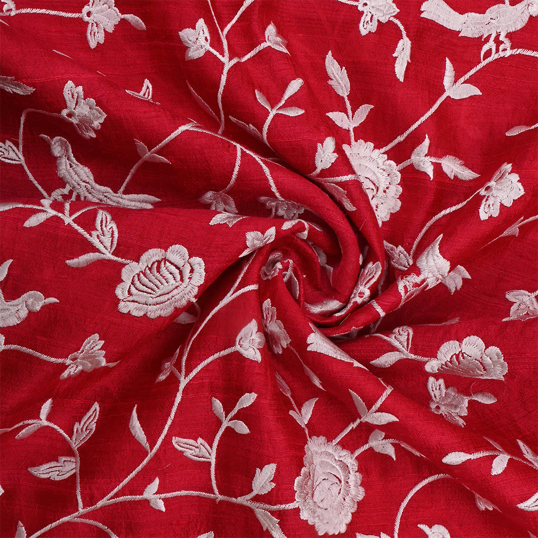 Cornell Red Dupion Raw Silk Embroidered Fabric