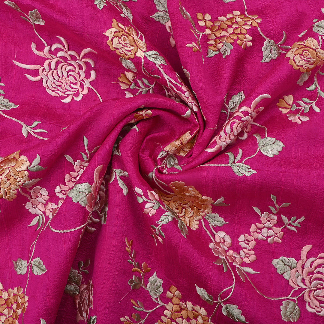 Bright Pink Dupion Raw Silk Embroidered Fabric