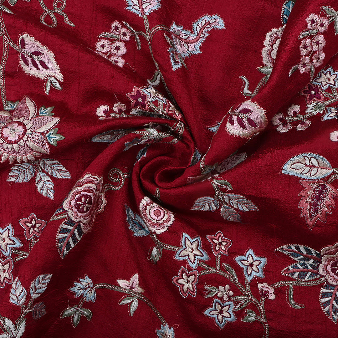 Firebrick Red Dupion Raw Silk Embroidered Fabric