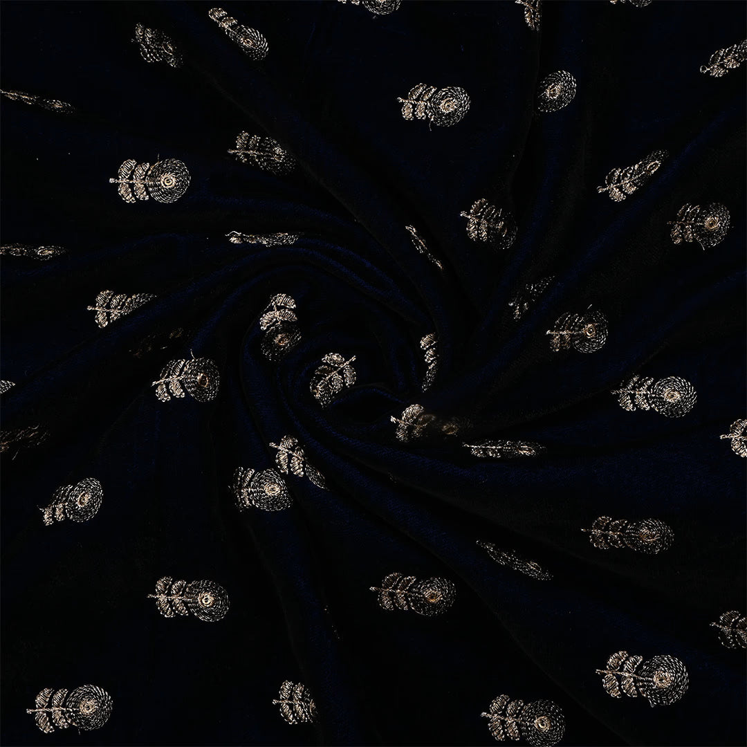 Black Velvet Zari Embroidered Fabric With Navy Blue Edge