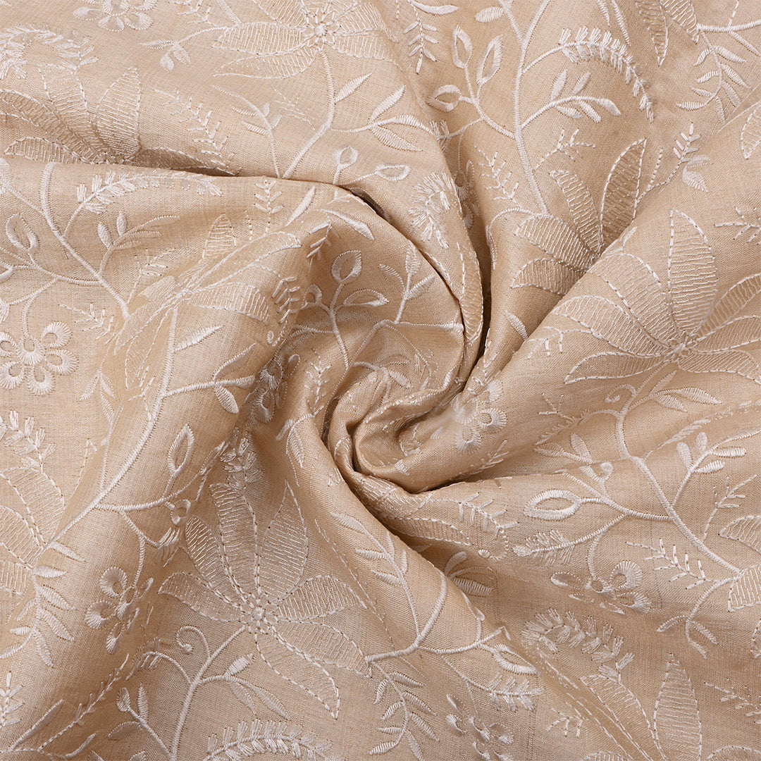 Champagne Beige Tussar Embroidered Fabric