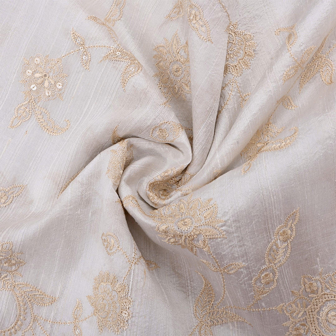 Paper White Dupion Raw Silk Embroidered Fabric