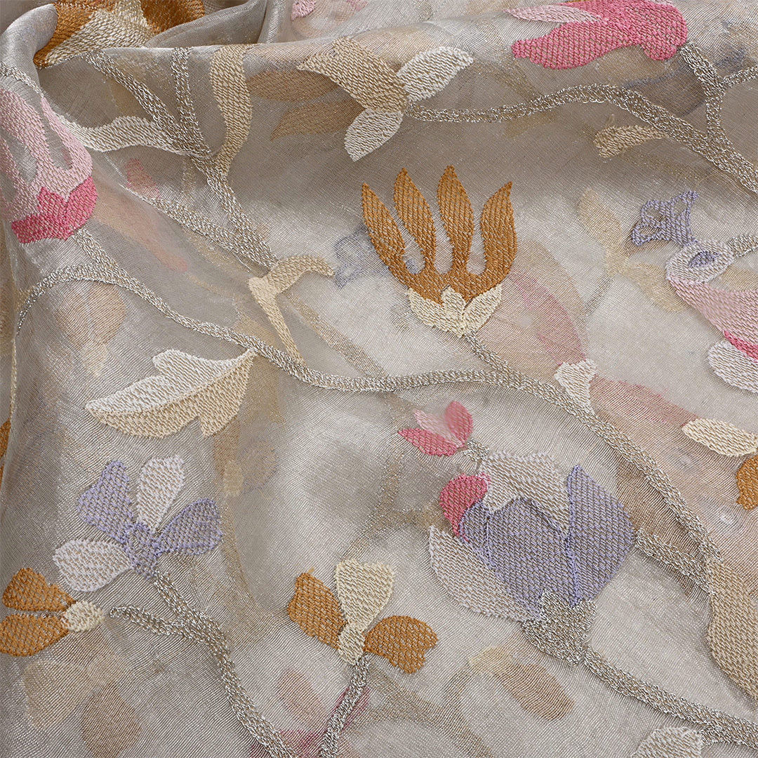 Light Silver Tissue Organza Embroidered Fabric