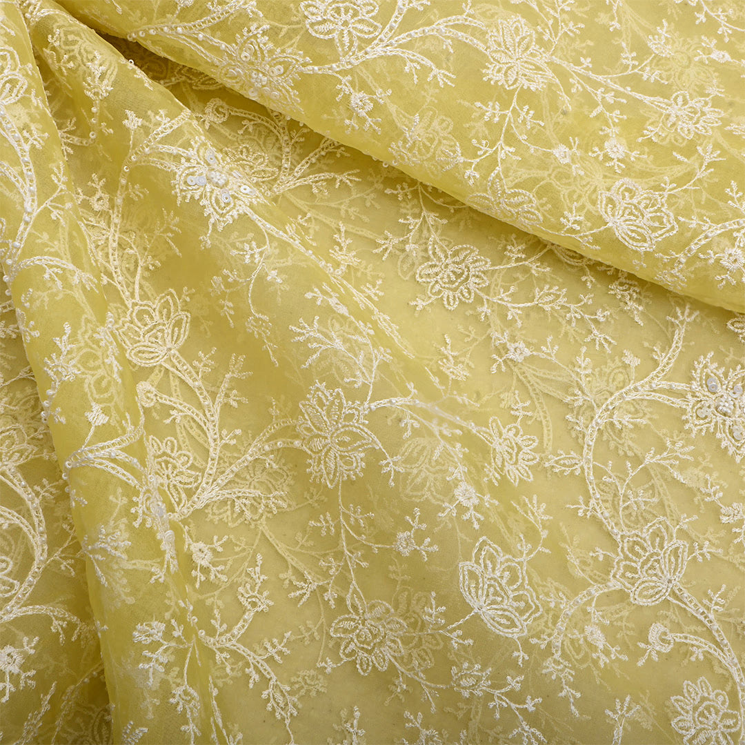 Tan Yellow Organza Embroidered Fabric