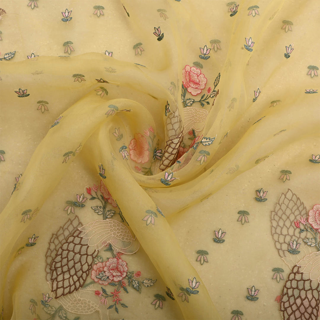 Pastel Yellow Organza Embroidered Fabric