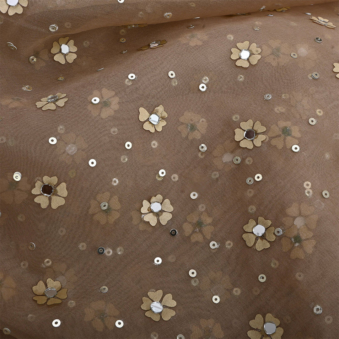 Hardwood Brown Organza Sequins Work Fabric