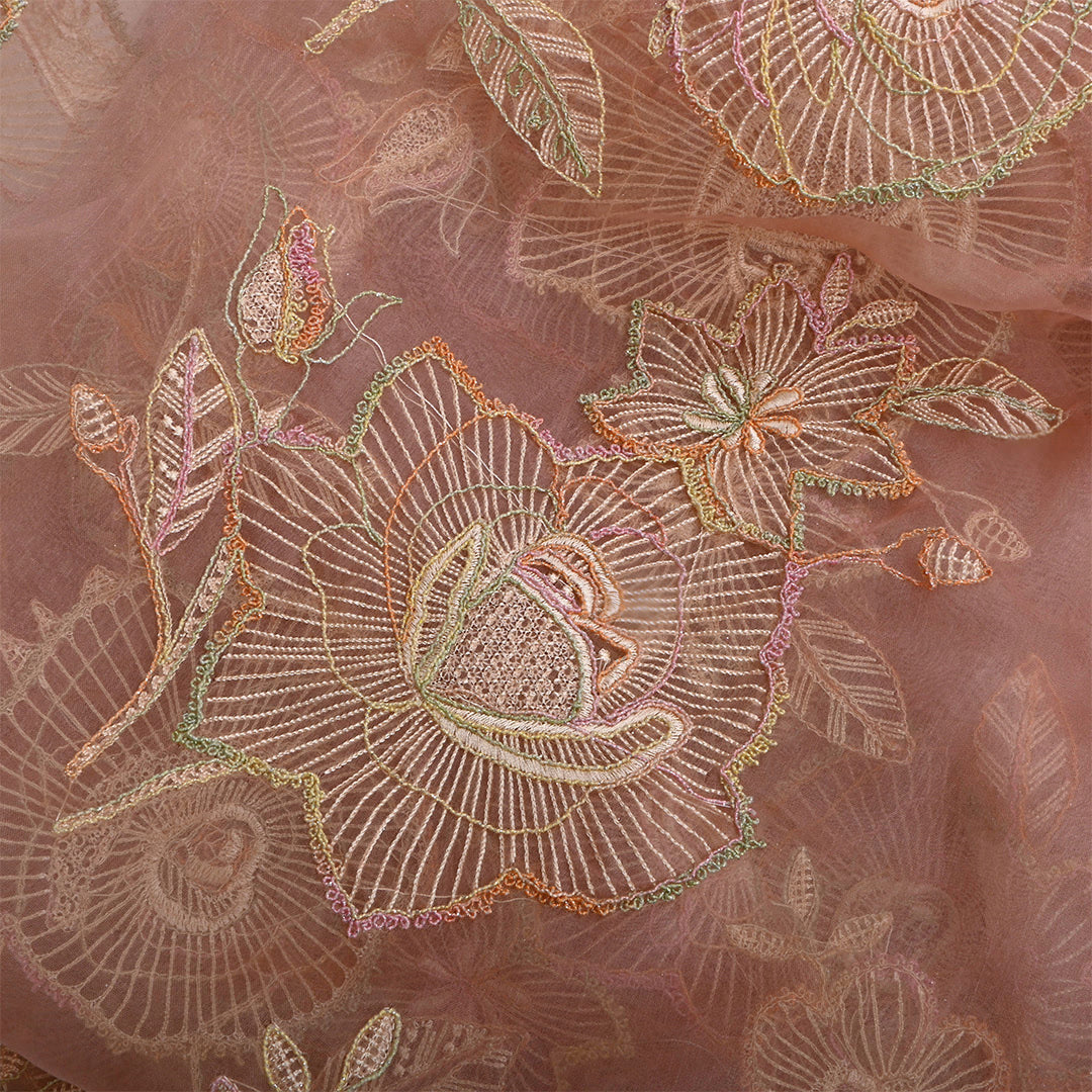 Apricot Peach Organza Embroidered Fabric