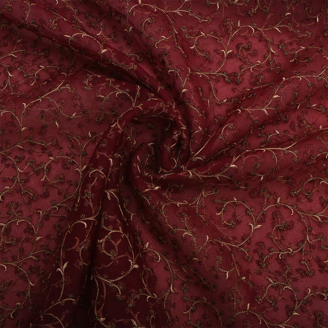 Aubergine Red Organza Thread Work Fabric