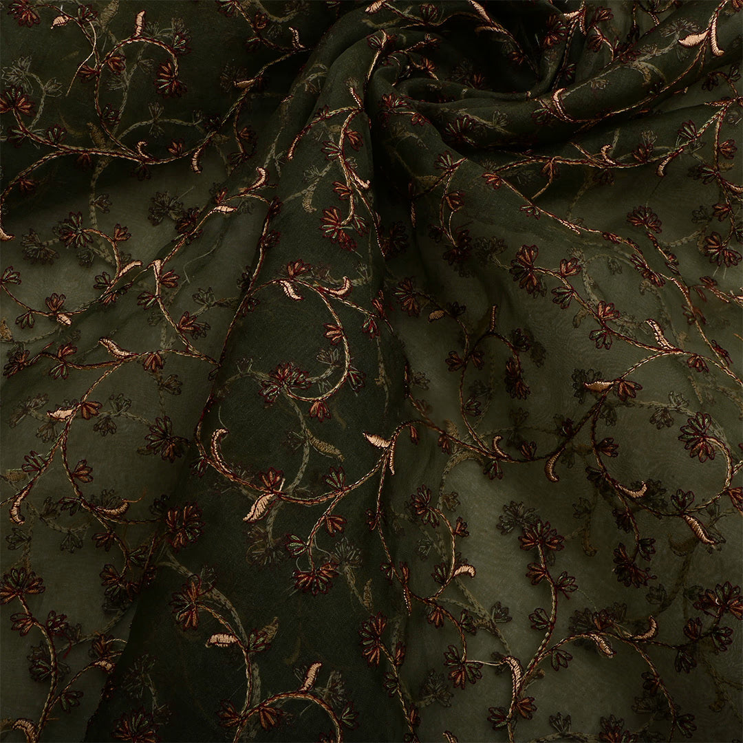 Rangoon Green Organza Thread Work Fabric