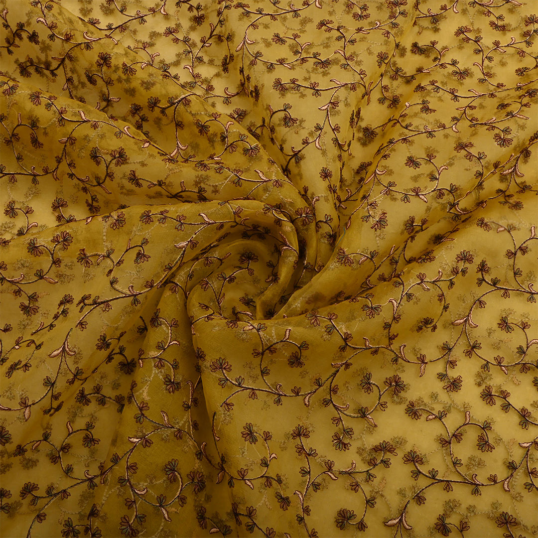 Old Yellow Organza Floral Jaal Thread Work Fabric