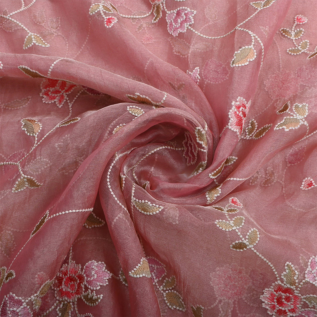 Lipstick Pink Tissue Embroidered Fabric