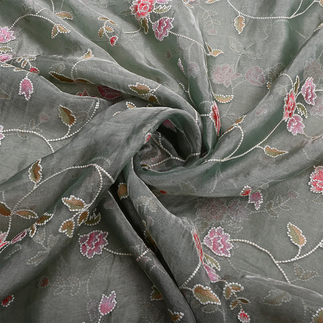 Light Grayish Turquoise Tissue Embroidered Fabric