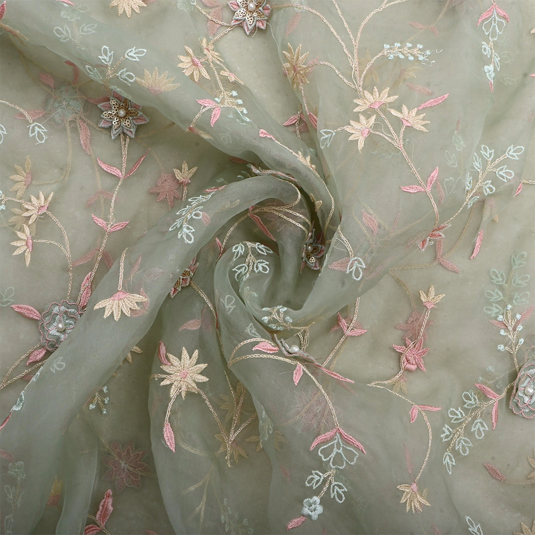 Lemon Gray Green Organza Embroidered Fabric