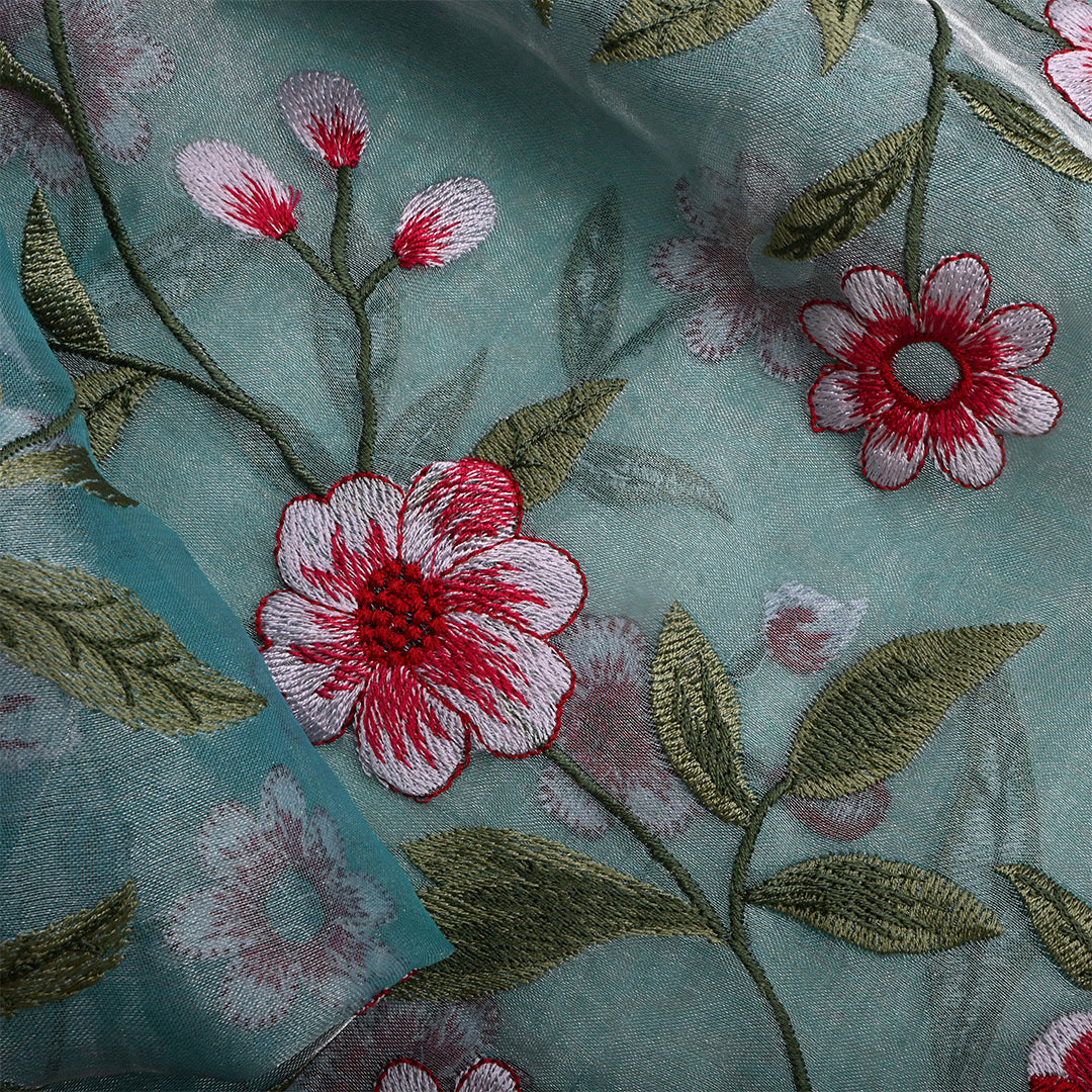 Beetle Green Tissue Embroidered Fabric