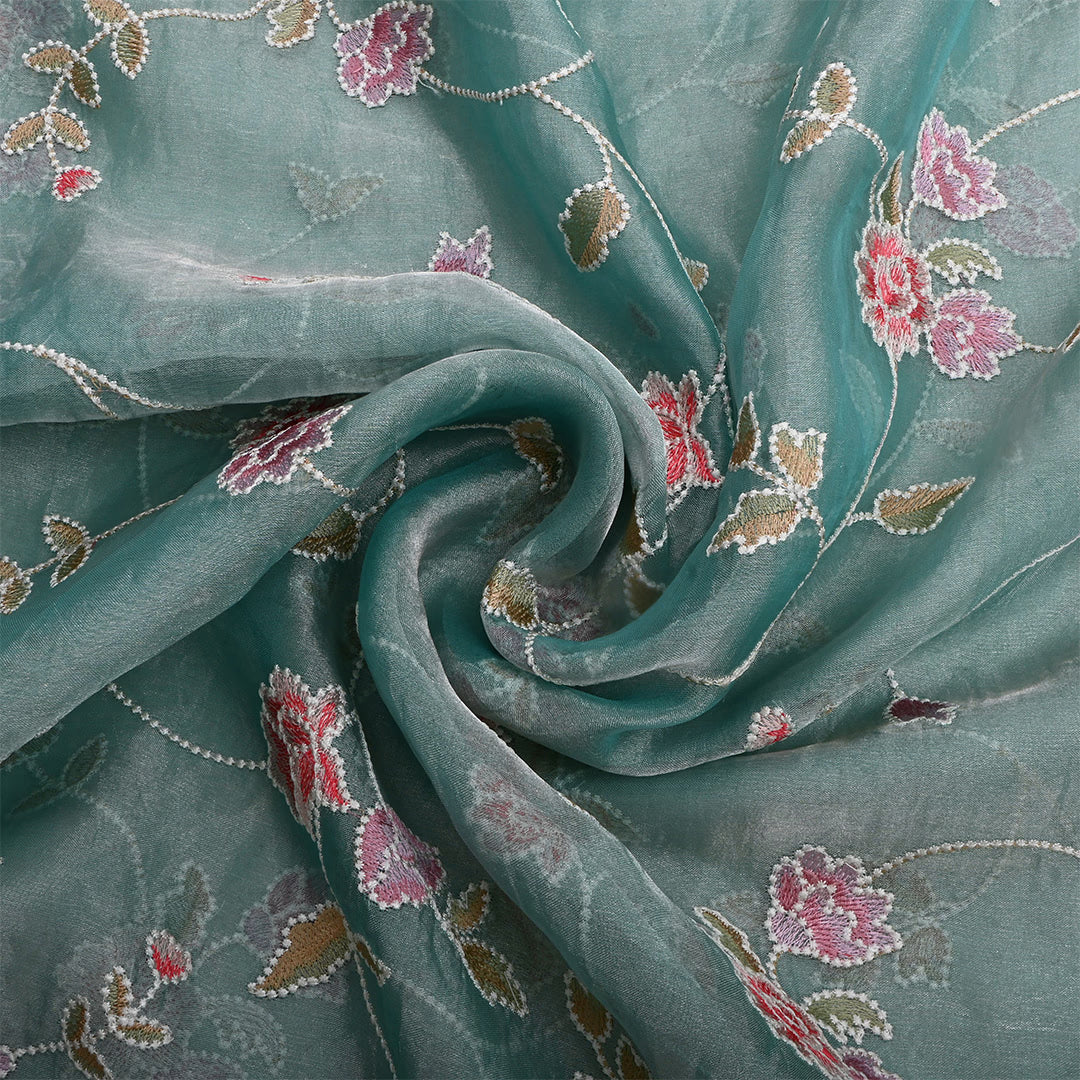 Greyish Teal Tissue Embroidered Fabric