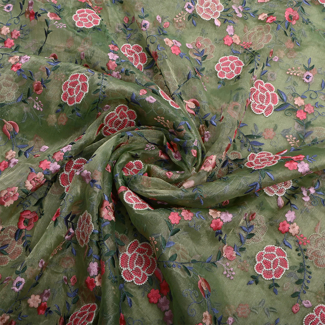 Pastel Light Green Tissue Floral Embroidered Fabric