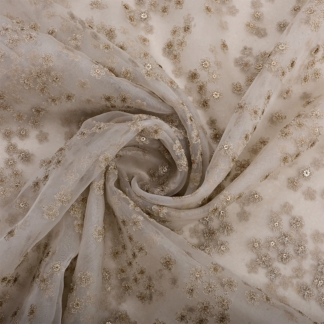 Off White Organza Zari Embroidered Fabric