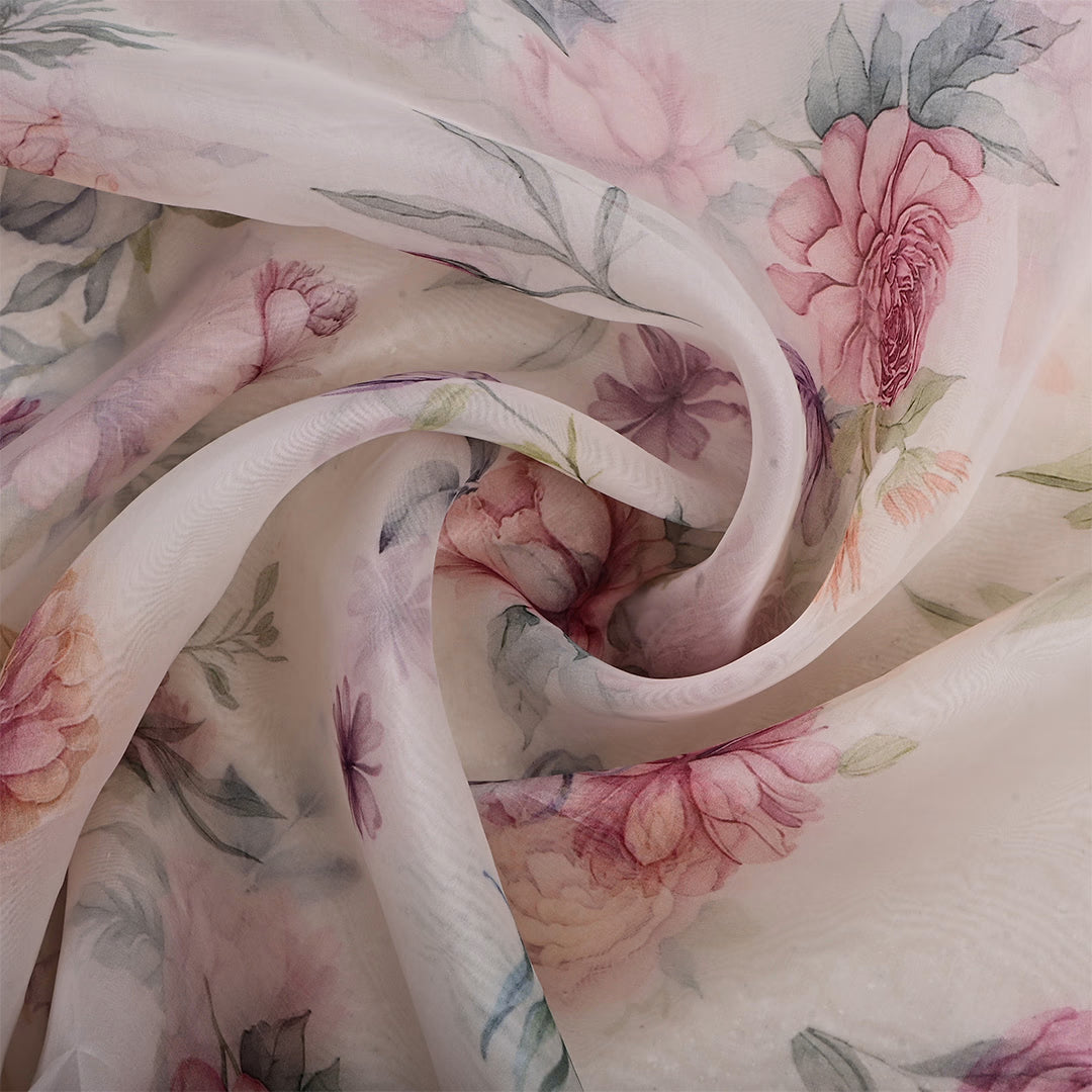 White Organza Floral Printed Fabric