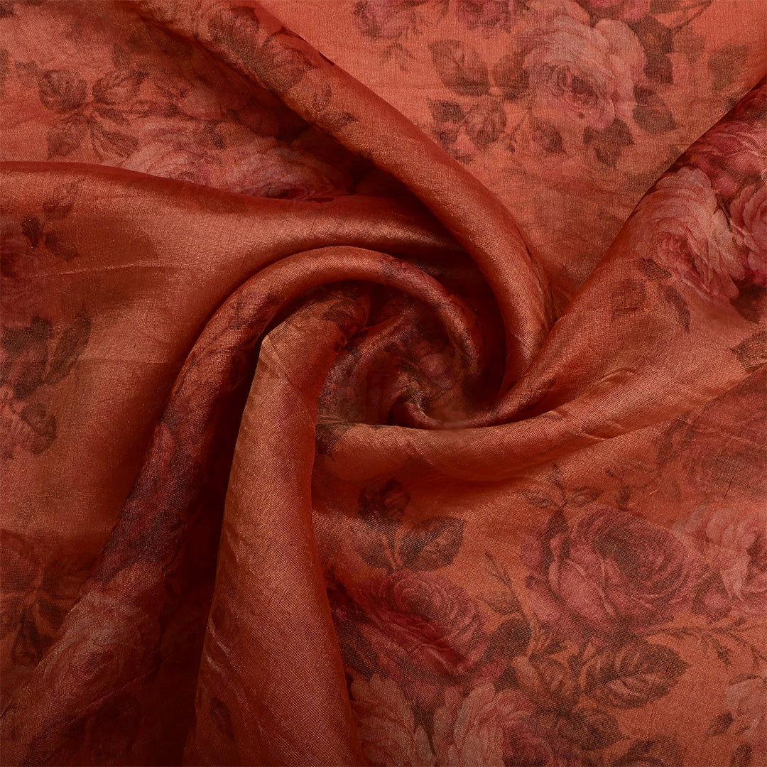 Cumin Red Tissue Floral Printed Fabric