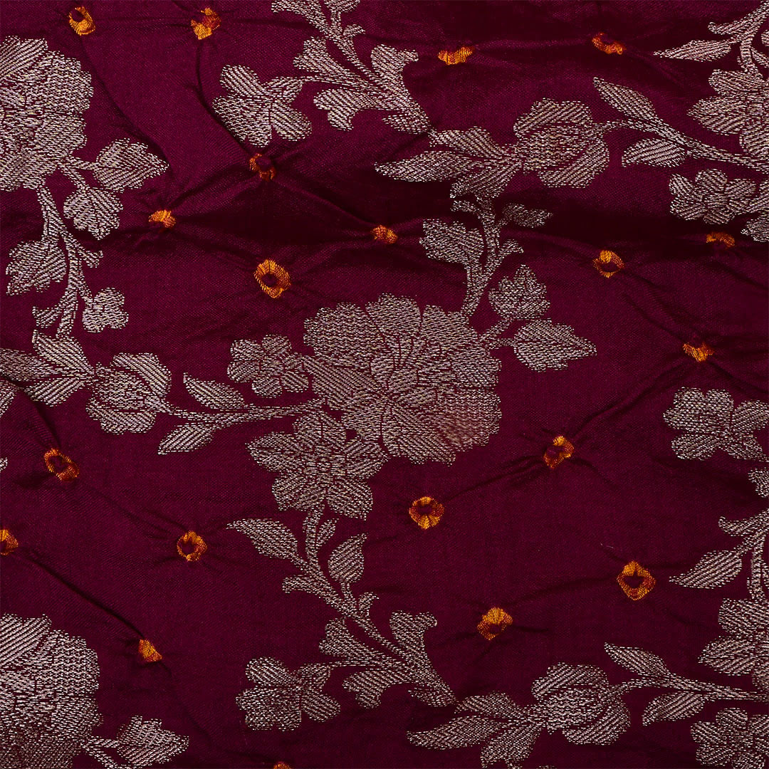 Castro Pinkish Red Silk Bandhani Fabric With Floral Jaal