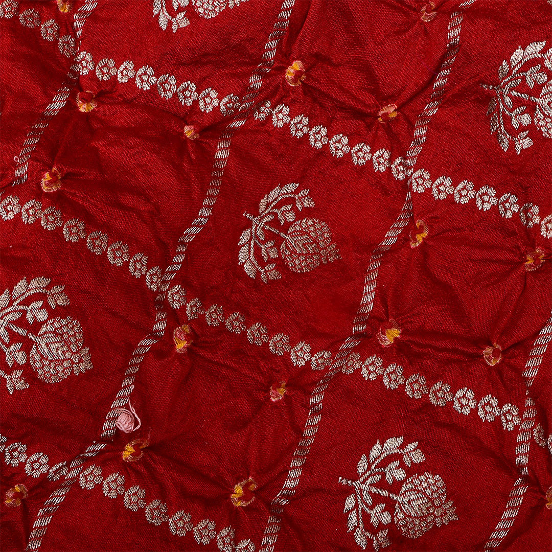 Vibrant Red Silk Bandhani Fabric With Checks Pattern