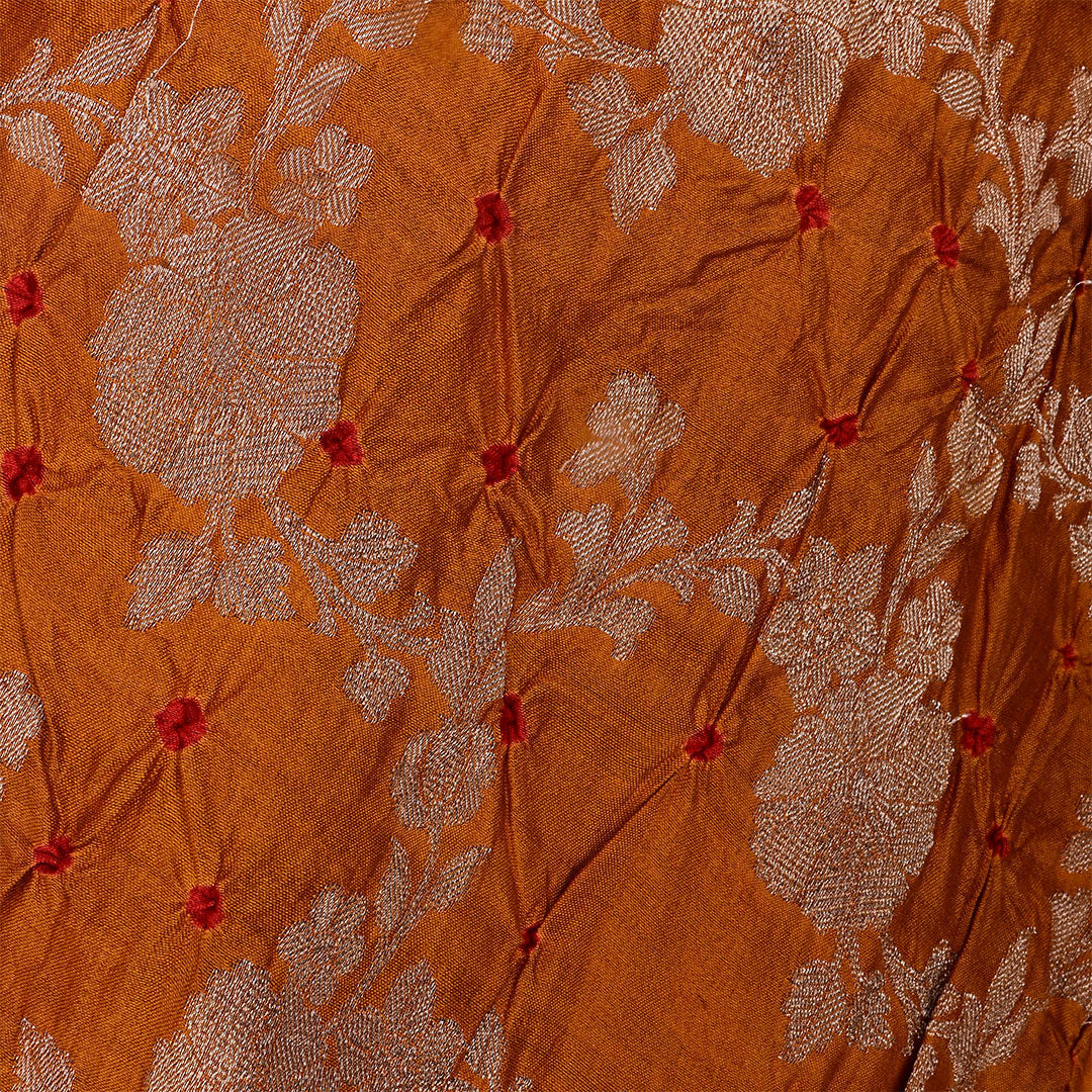 Rust Brown Silk Bandhani Fabric With Floral Jaal