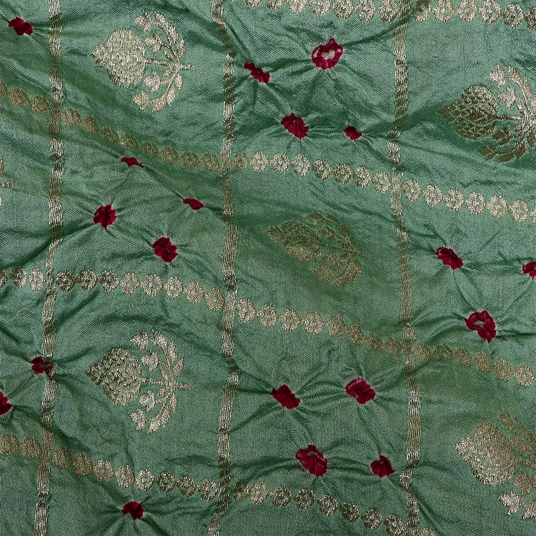 Viridian Green Silk Bandhani Fabric With Checks Patterns