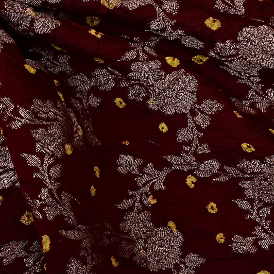 Sepia Black Silk Bandhani Fabric With Jaal Design