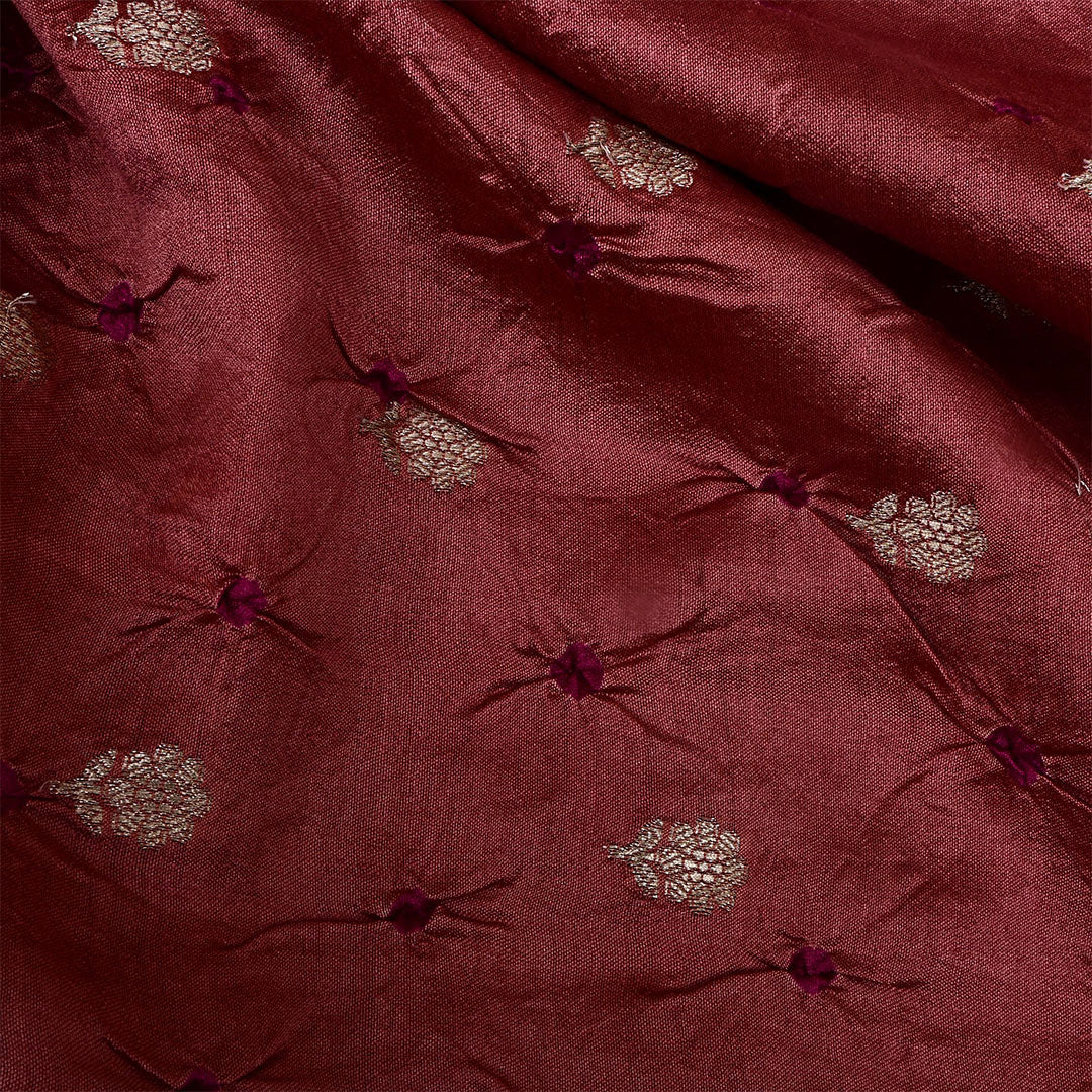 Wine Red Silk Bandhani Fabric With Floral Motifs