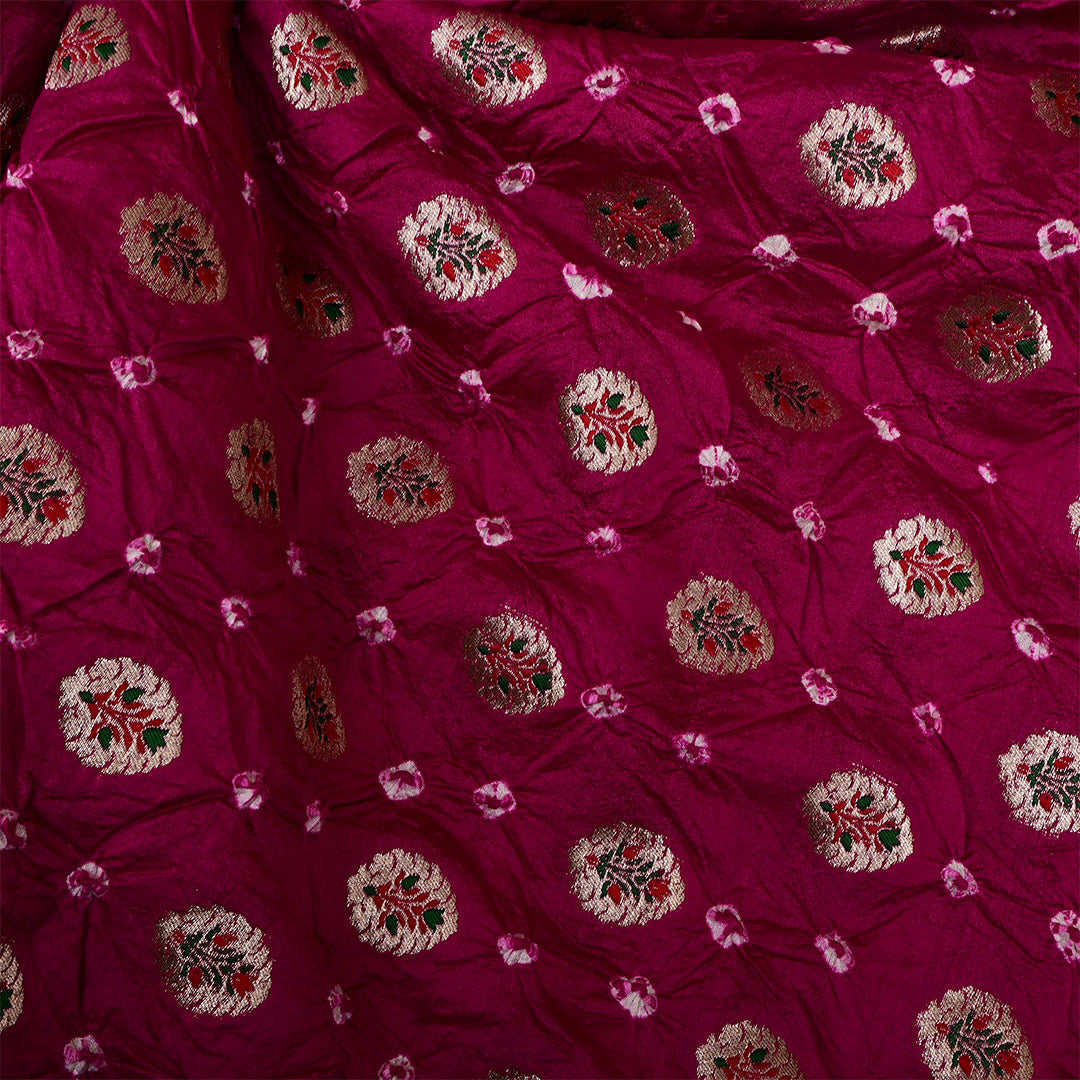 Magenta Rose Silk Bandhani Fabric With Motifs