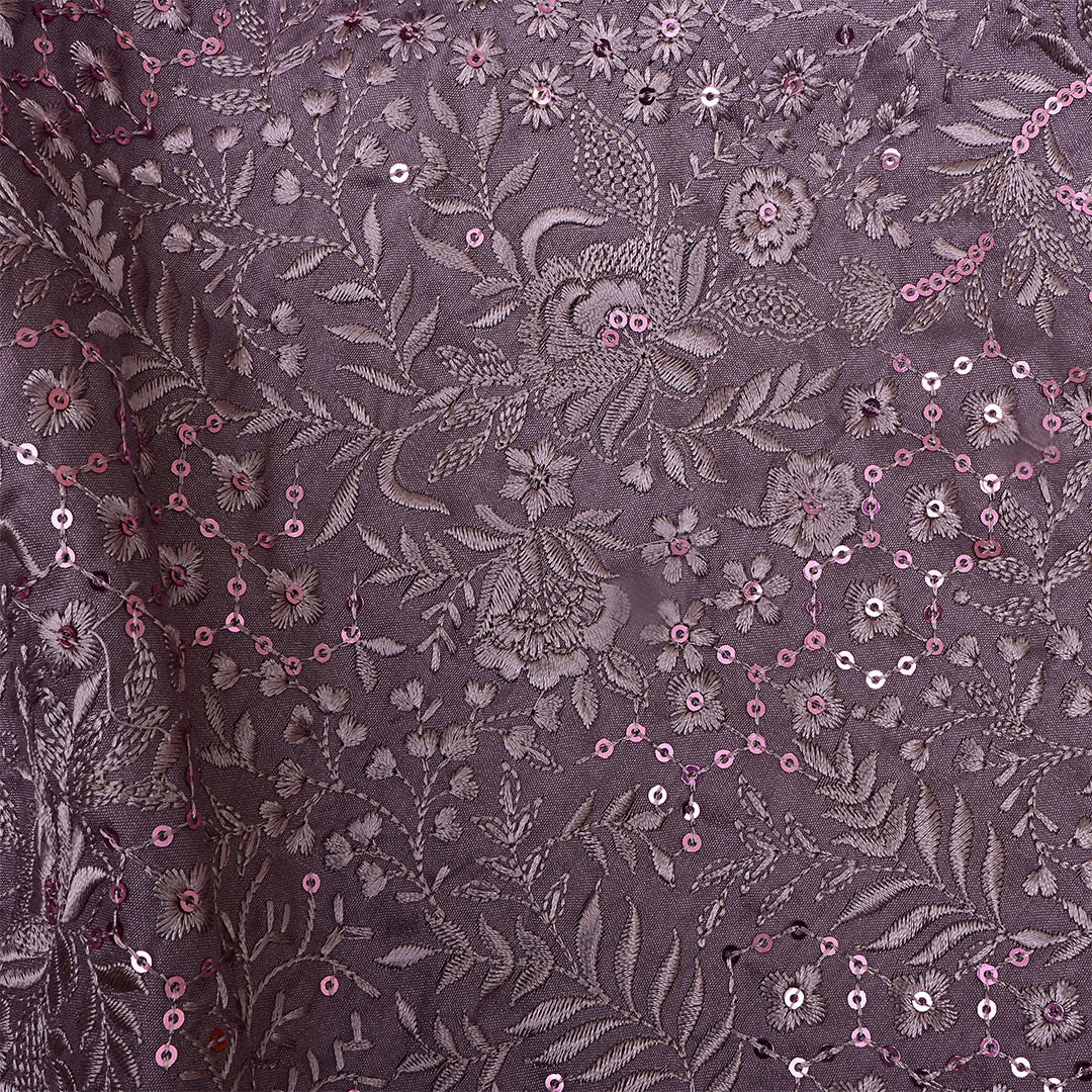 Purple Taupe Silk Embroidered Fabric