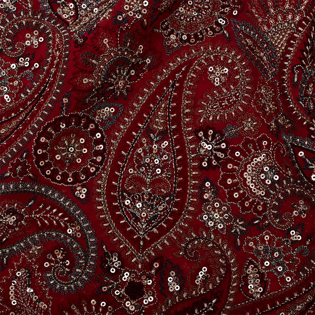 Japanese Maple Red Georgette Embroidered Fabric