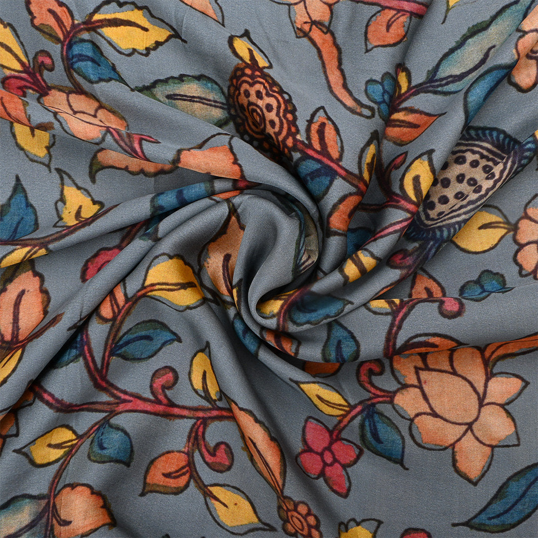 Steel Cyan Blue Satin Fabric With Kalamkari Print