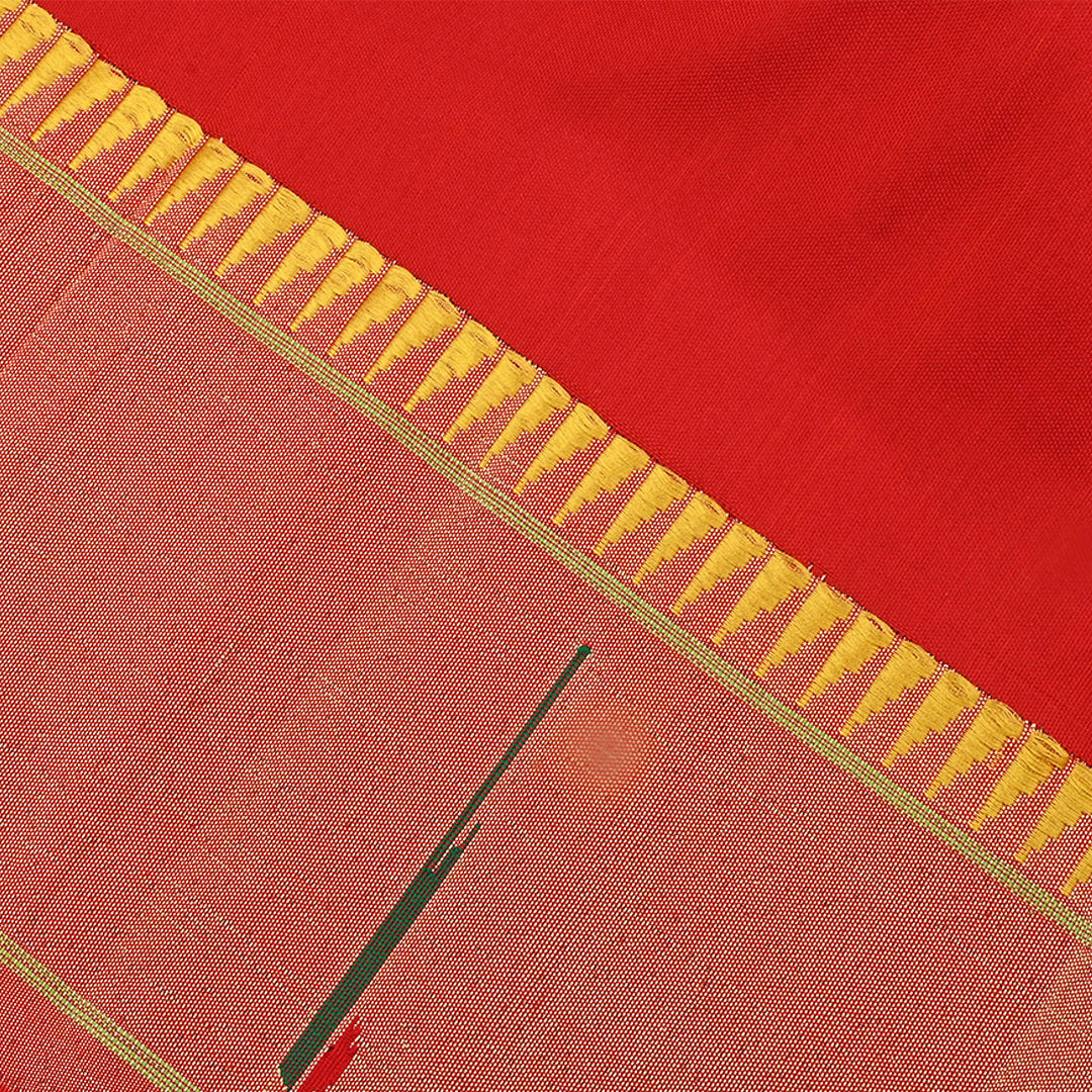 Fire Engine Red Solid Silk Fabric With Paithani Border