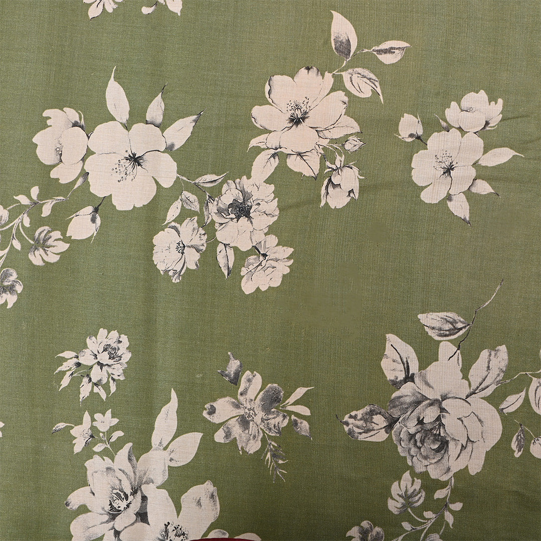 Army Brown Tussar Fabric With Floral Prints