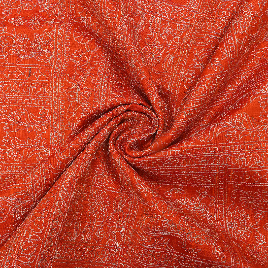 Carrot Orange Dupion Raw Silk Fabric With Thread Work