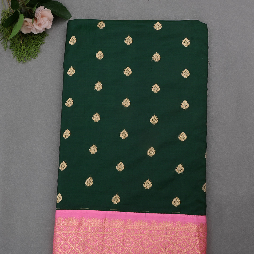 Bottle Green Jamawar Silk Fabric With Contrast Border