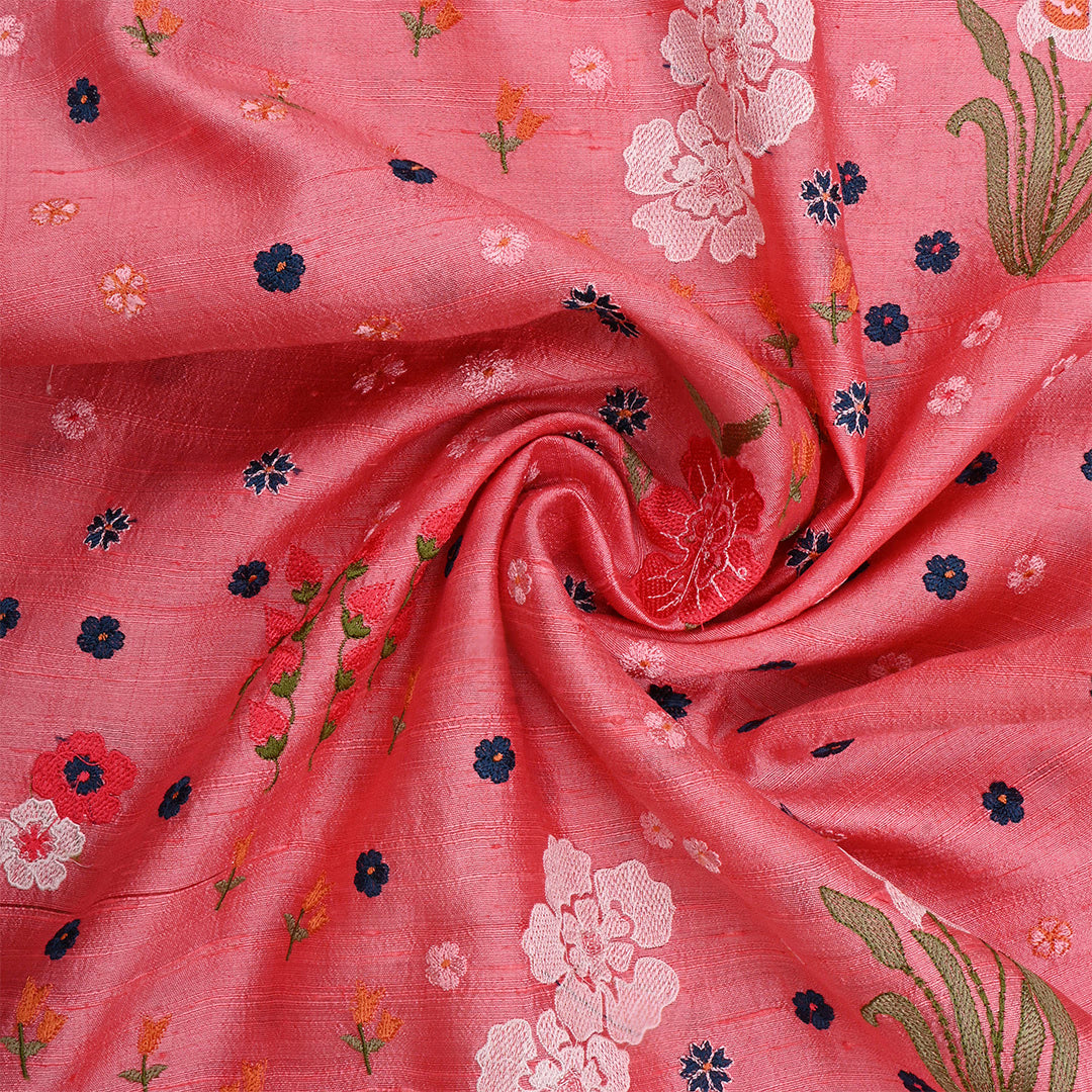 Indian Red Dupion Raw Silk Embroidered Fabric