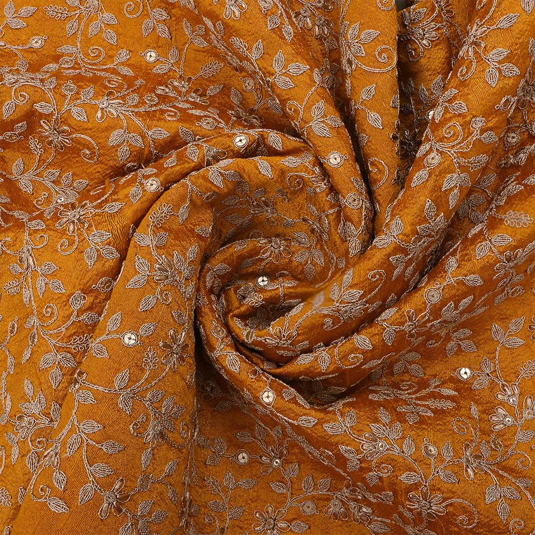 Orange Brown Dupion Raw Silk Zari Embroidered Fabric